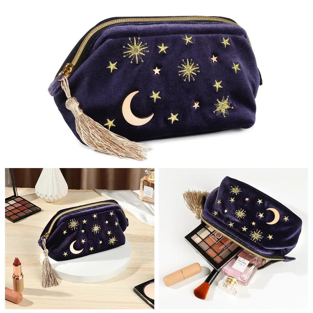 Borsa per gioielli regalo organizzazione borsa per pennelli borsa da viaggio borsa per cosmetici in velluto ricamato con motivo a luna a stella portatile