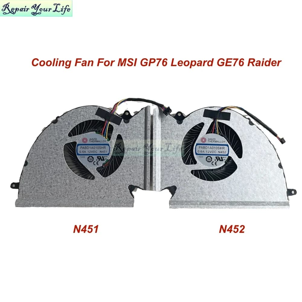 CPU del computer portatile GPU Ventola di raffreddamento per MSI GP76 Leopard GE76 Raider Notebook PC Ventole Dispositivo di raffreddamento del radiatore PABD1A010SHR N451 PABD1A010SHL N452