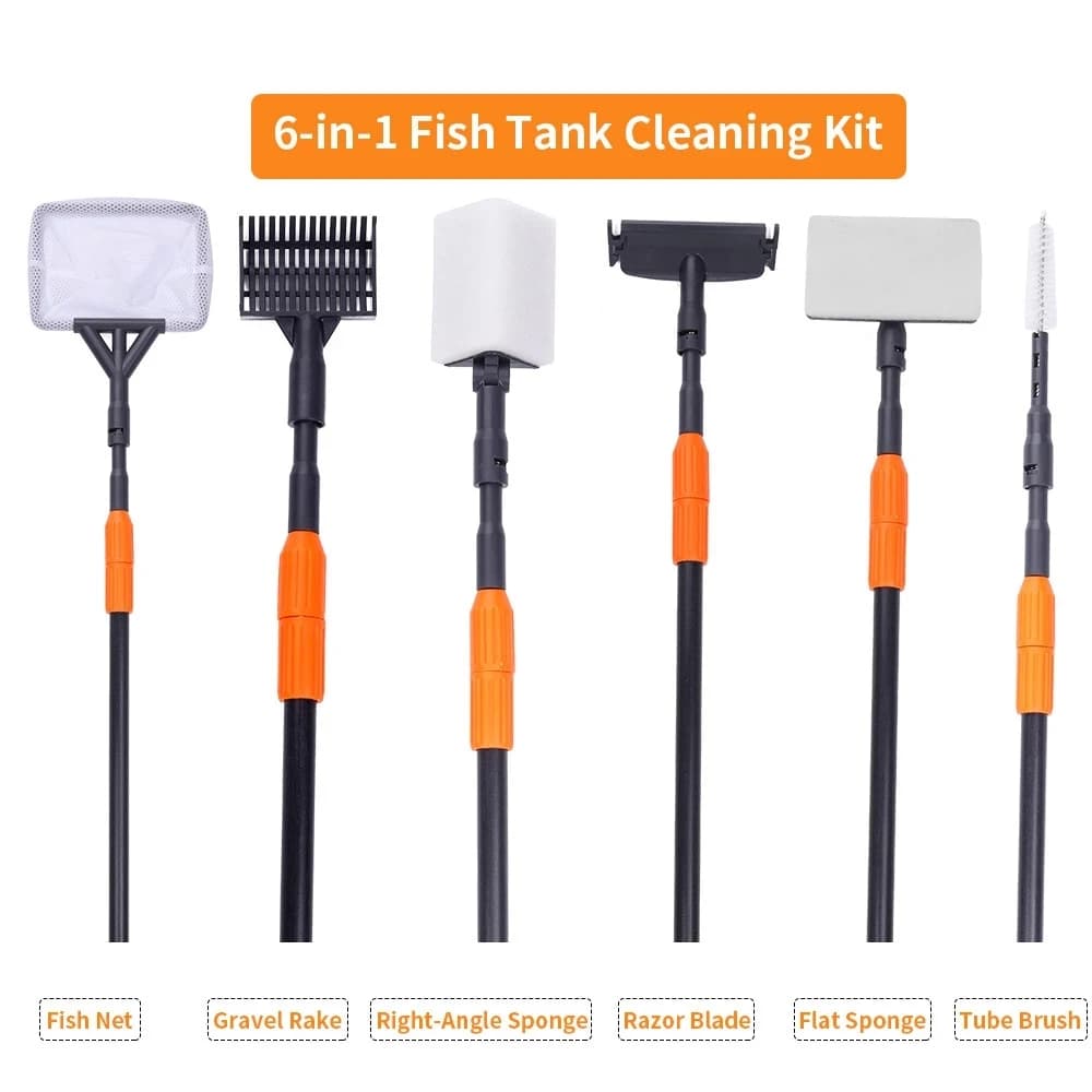 6 in 1 kit di strumenti per la pulizia dell'acquario set di morsetti per acquario rete per acquario rastrello per ghiaia raschietto per alghe forchetta spugna spazzola detergente per vetri