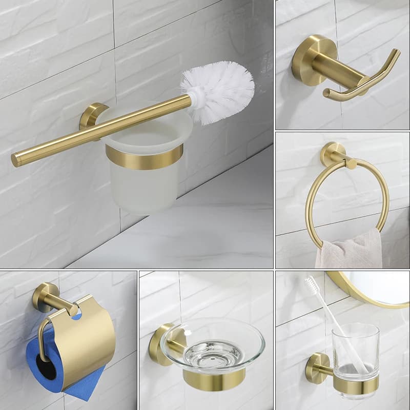 Set di Hardware per il bagno porta scopino per wc in oro spazzolato gancio per accappatoio porta carta portasapone accessori per il bagno con montaggio a parete