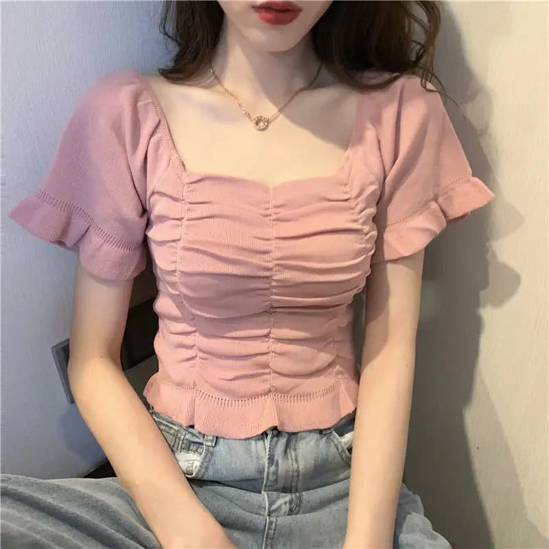 Camicetta moda lavorata a maglia donna Ruffle Youth elegante camicetta Summer Crop top Sexy Slim fit Shirt manica corta