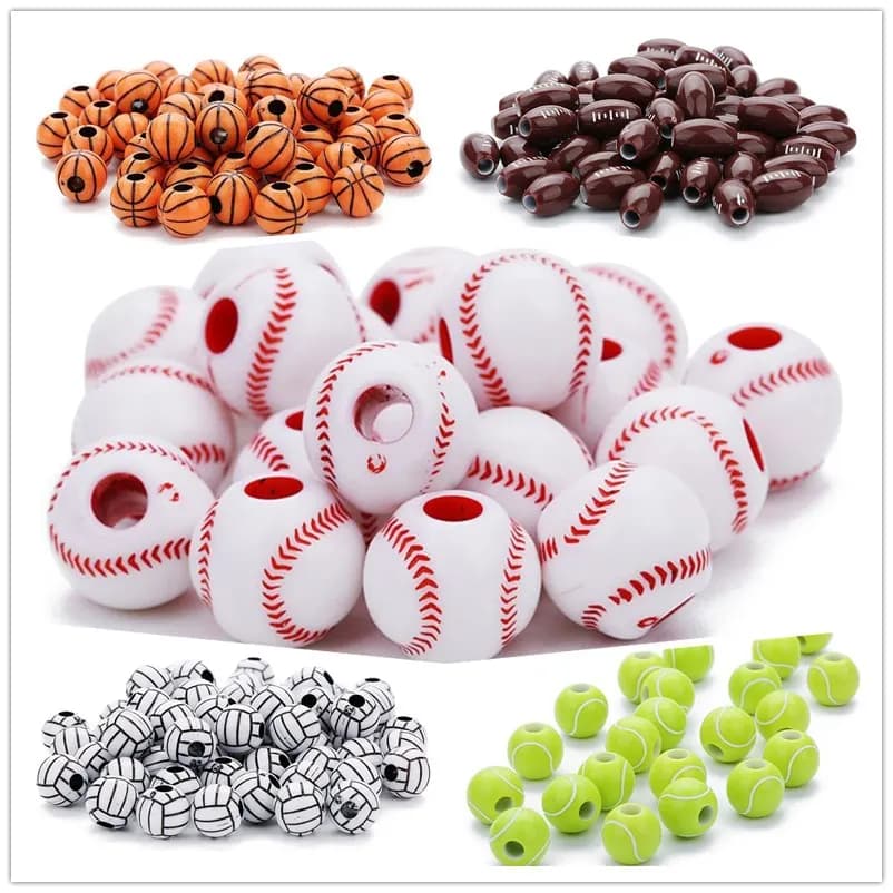 500 pz/lotto Perline acriliche a forma di pallone da calcio, baseball, basket, tennis, perline distanziatrici sportive adatte per braccialetti, collane, creazione di gioielli fai da te