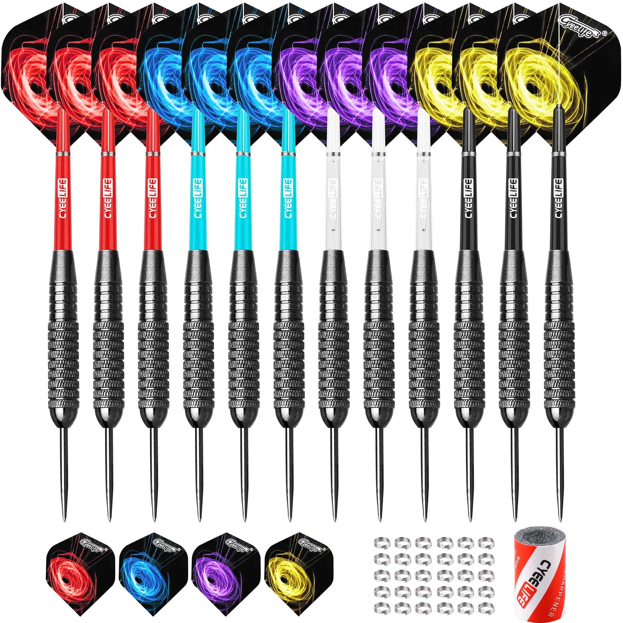 Freccette con punta in acciaio CyeeLife 20/26g set professionale 12 confezioni, 12 alberi in PVC 4 colori + o-ring a molla in metallo + temperamatite + 12 voli