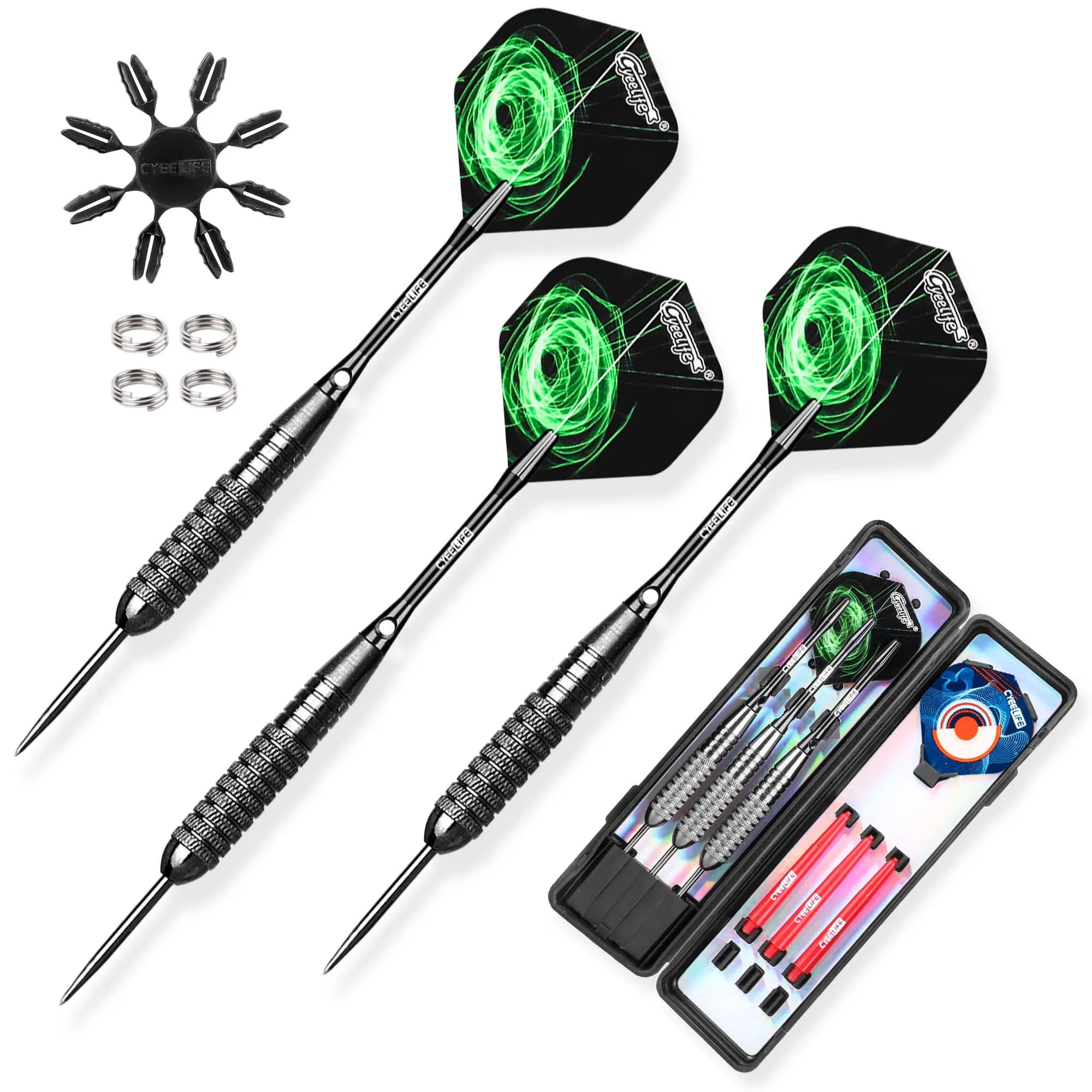 Set di freccette con punta in acciaio CyeeLife 22/28g professionale con alberi Cace, alluminio e PVC + voli Extra + protezioni in plastica