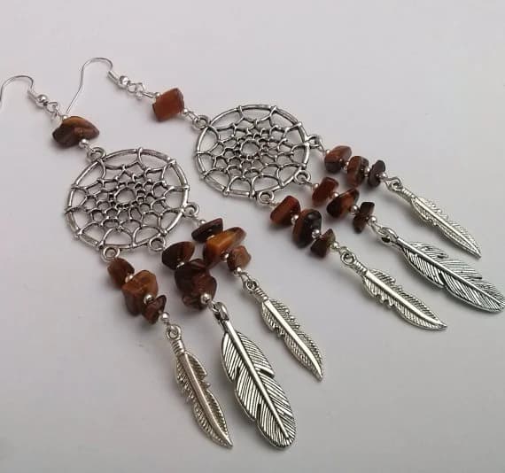 Tigers Eye Dreamcatcher Earrings Dream Catcher Earrings Brown Earrings