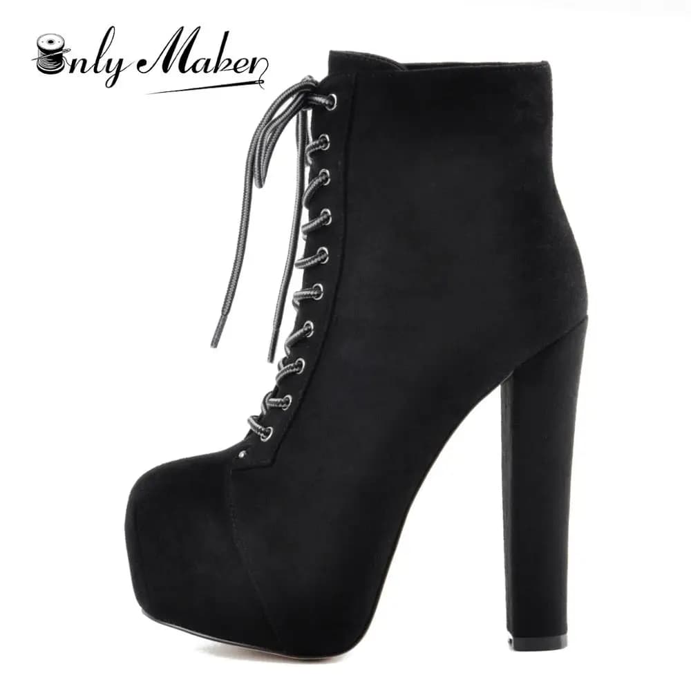Onlymaker Women Platform High Heel Block Chunky Round Toe Lace Up Ankle Boots Black Suede Party Big Size Ankle Boots