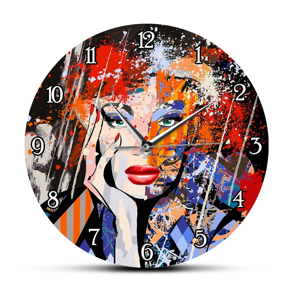 Arte astratta Moda Lady Ritratto Orologio da parete moderno Pittura Ritratto di una donna Volto Orologio da parete silenzioso Decorazioni per la casa per interni