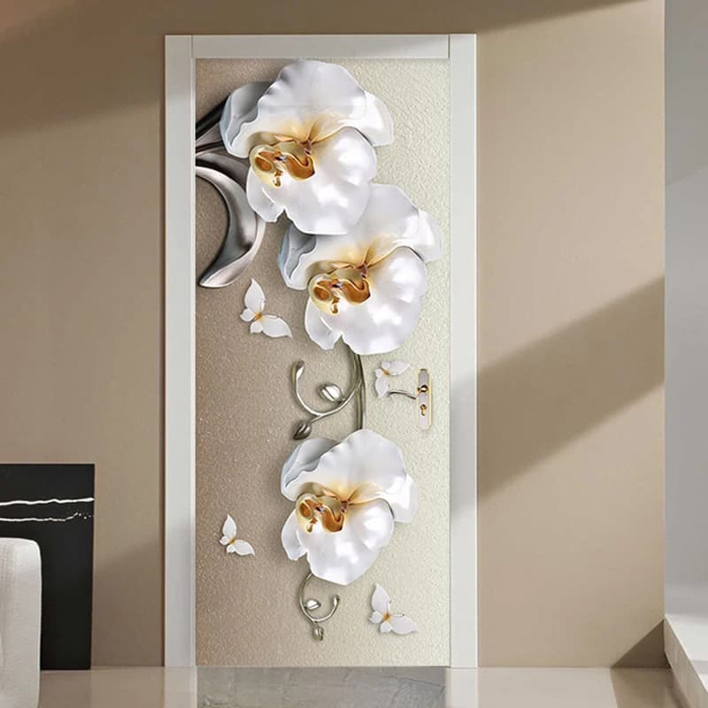 Wall papers home decor Door Sticker European Style 3D Stereo Butterfly Orchid Flowers Mural Wallpaper Luxury Wall Stickers