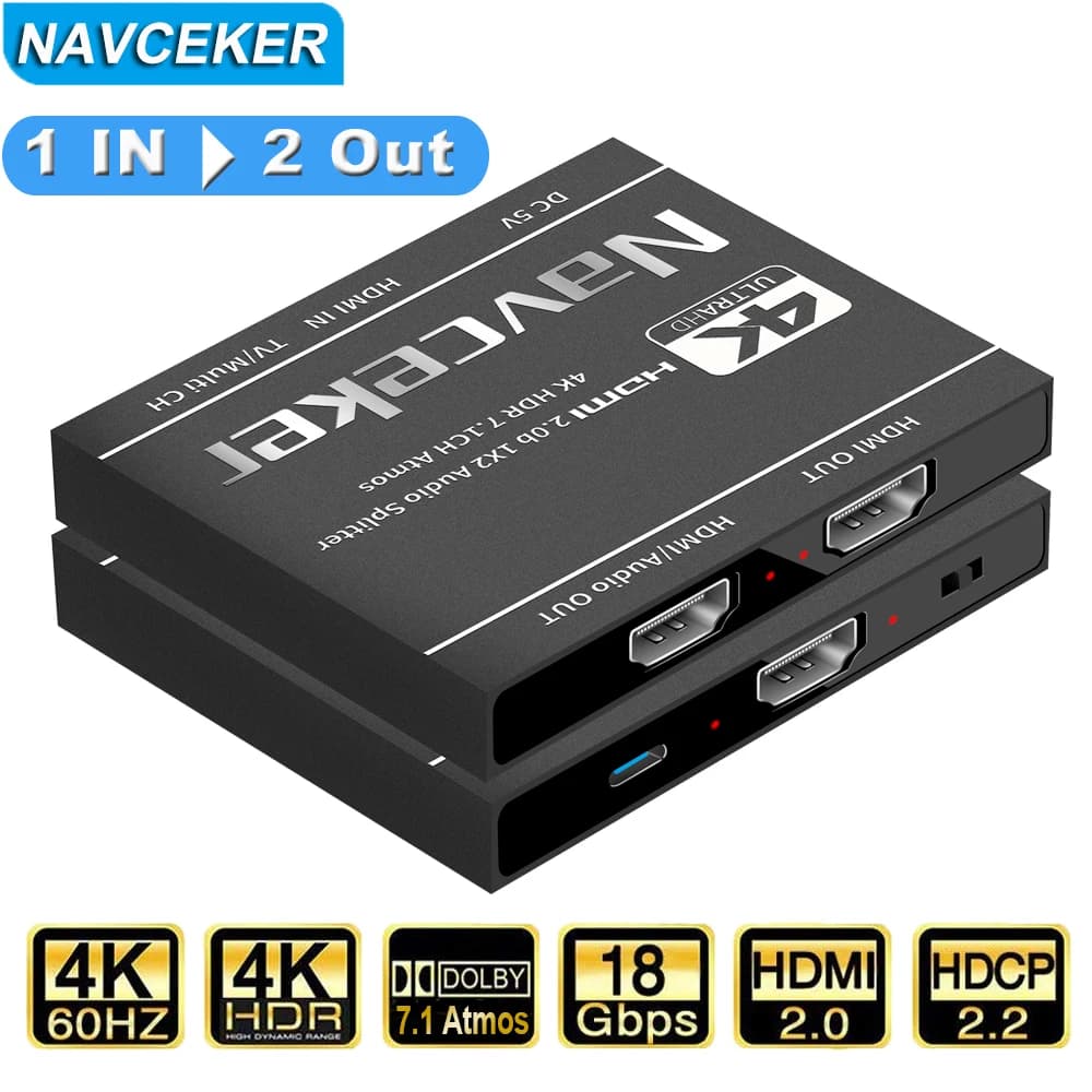 Splitter HDMI Pro AV 4K Adapter 1 in 2 out HDMI audio extractor 1x2 Dual monitor Full HD amplifier 1 to 2 for HDTV DVD PS5 Xbox