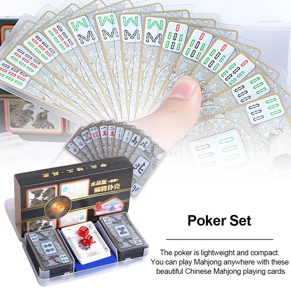 Set di Mahjong in cristallo Set di carte da gioco Mahjong in plastica portatile impermeabile con borsa in flanella da 2 dadi per la parte di riunione di famiglia