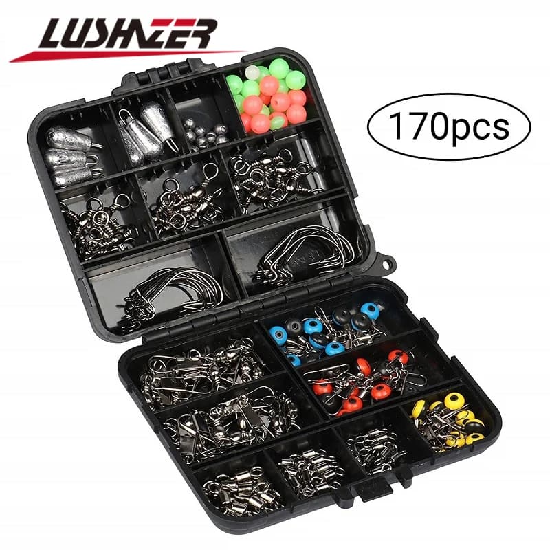 170 pcs/Lot LUSHAZER Fishing Equipment Box Set with Fishing Ami, Weights, Jig Heads, O-Ring, barrel Removable, Fastlock Water Pressure Bottles Salad