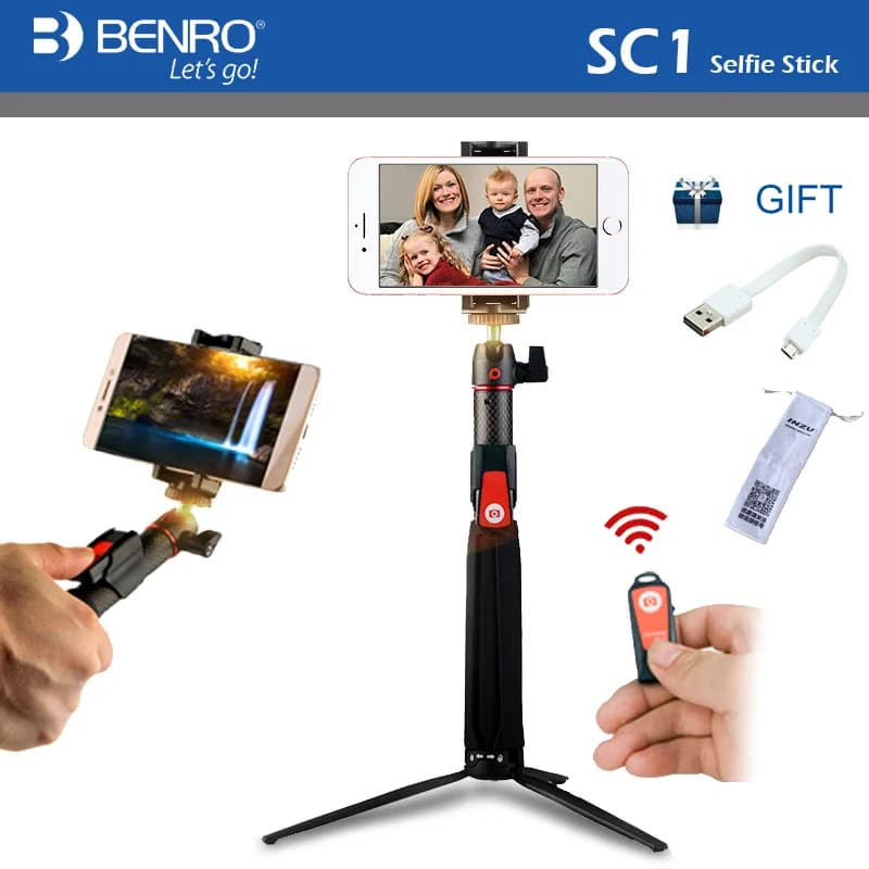 BENRO SC1 Bluetooth Wireless Carbon Fiber Flexible Selfie Stick Table Tripod for iPhone X Action Camera Gopro Sumsang pk smooth4