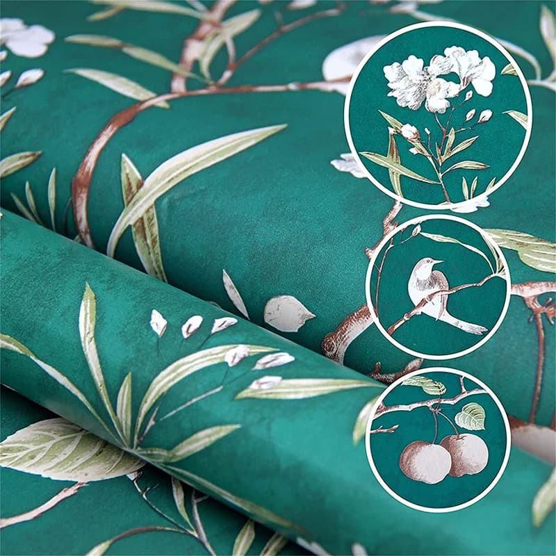 Carta da parati floreale verde con buccia e bastone adesivi in vinile floreale Vintage fiore e uccello fodera per cassetto autoadesiva impermeabile decorativa