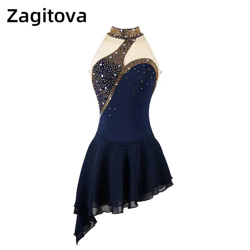 Abito da pattinaggio artistico rosso blu Navy per donne e ragazze senza maniche pattinaggio artistico su ghiaccio abiti da ballo Sexy con strass