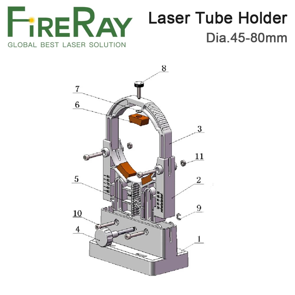 Supporto per Tubo Laser CO2 FireRay, Regolabile Diametro 45-80mm, Montaggio Flessibile in Plastica per Macchine per Incisione e Taglio Laser 75-180W