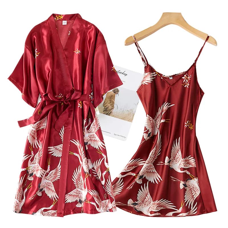 Burgundy woman 2 pieces evening dress Kimono in synthetic silk print set Sexy gru night shirt and bathrobe Lingerie nightdress summer night dresses