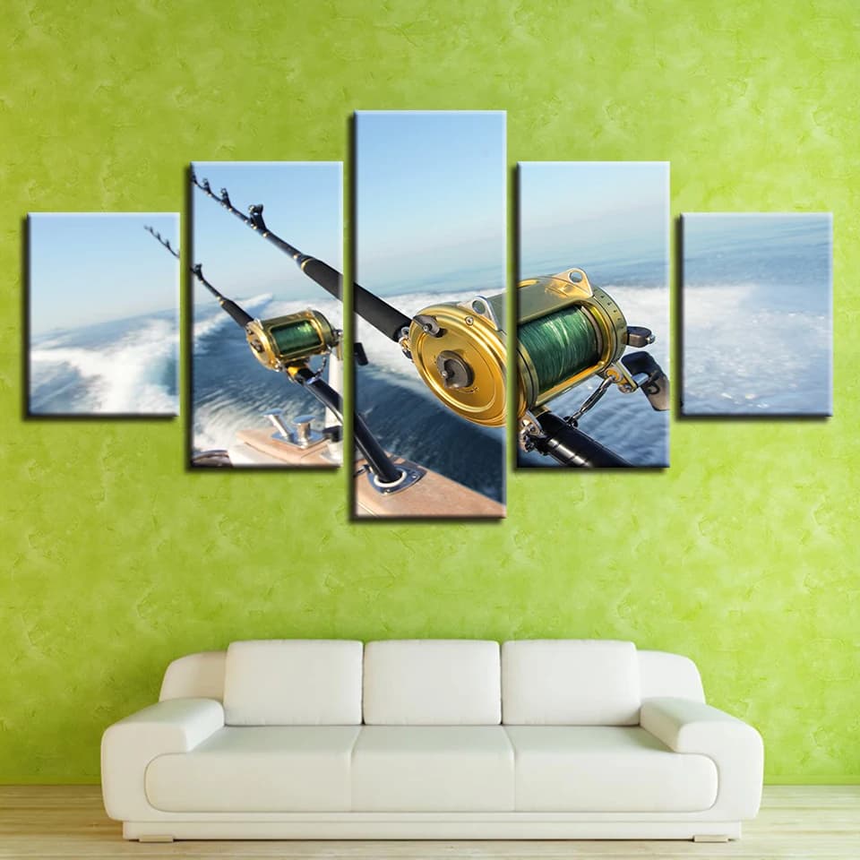 Images on Modular Canvas Printed in HD 5 Pieces Fishing Tools and Paintings of Sea Water Landscapes Frame Living Room Wall Decor Artistic poster