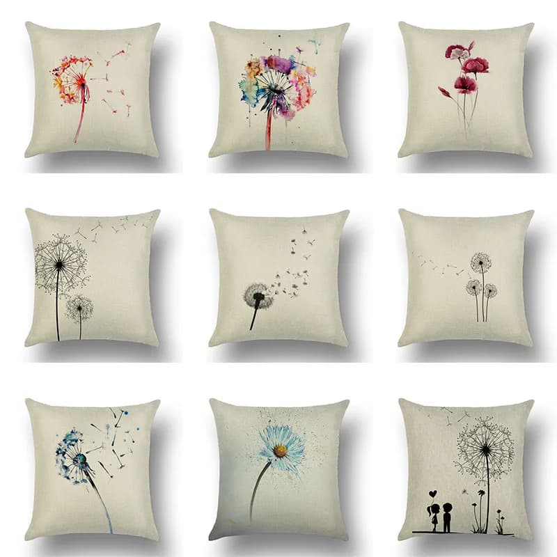 Pillow sheet with dandelion flowers, flying seeds, simple Nordic design, modern fashion, decorative linen cushions, pillowcase for sofa