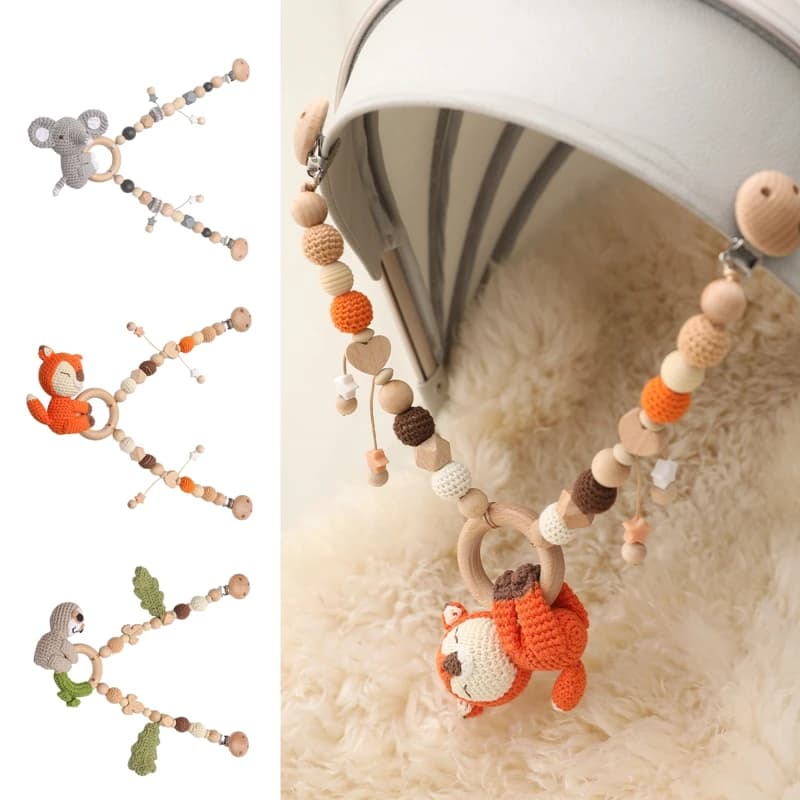 Baby New Animals catena per passeggino Clip per carrozzina in legno catena per Clip per ciuccio bracciale per dentizione animale all'uncinetto giocattoli per passeggino Mobile