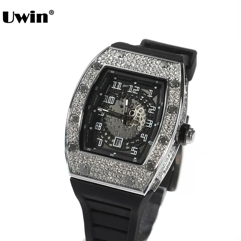Quartz watch iced silver color with UWIN square dial with rhinestones complete with black belt for men woman fashion gift