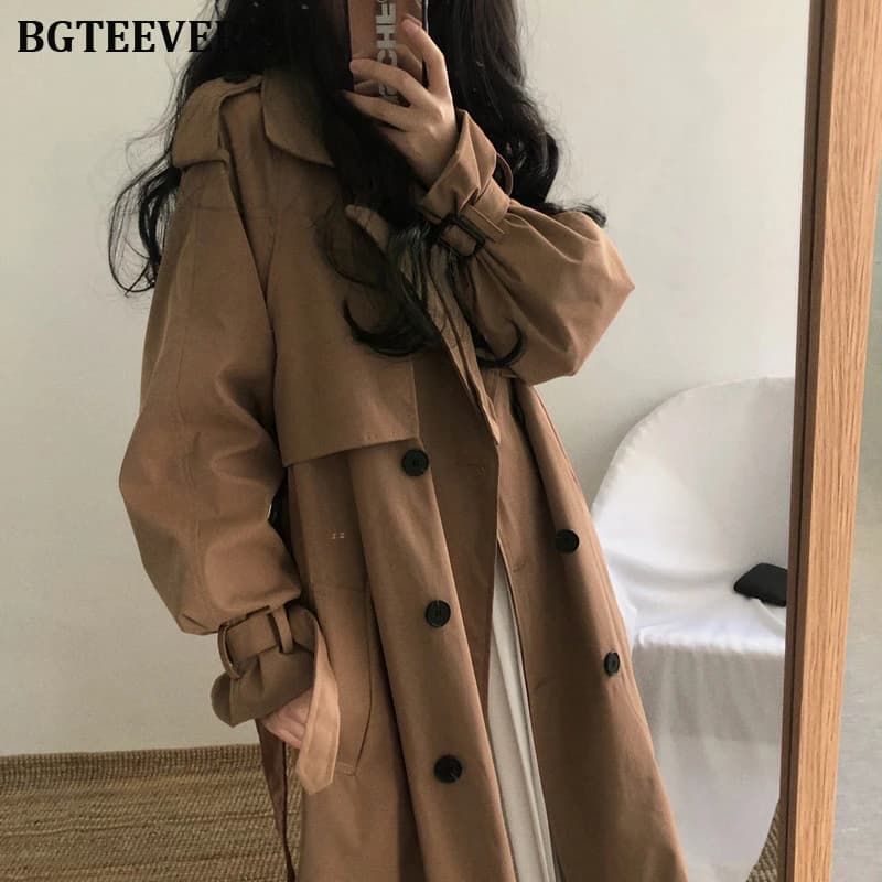 Trench da donna Chic capispalla lunga da donna Casual cappotto allentato autunno inverno moda giacca a vento doppio petto Femme