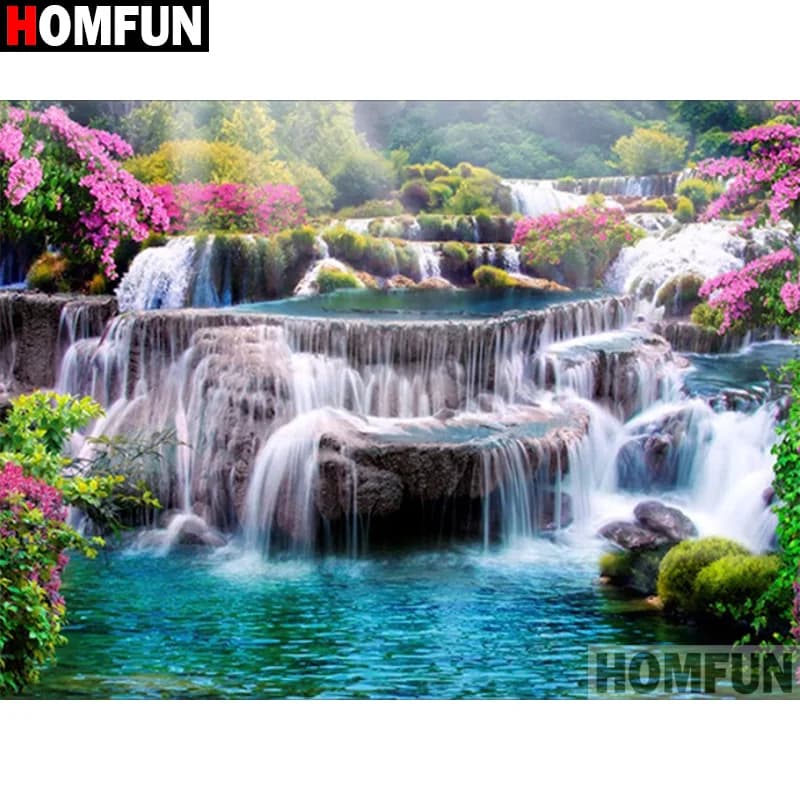 HOMFUN Pieno Quadrato/Rotondo Trapano 5D Pittura Diamante FAI DA TE "Paesaggio della Cascata" Ricamo Punto Croce 5D Complementi Arredo Casa Regalo A30081