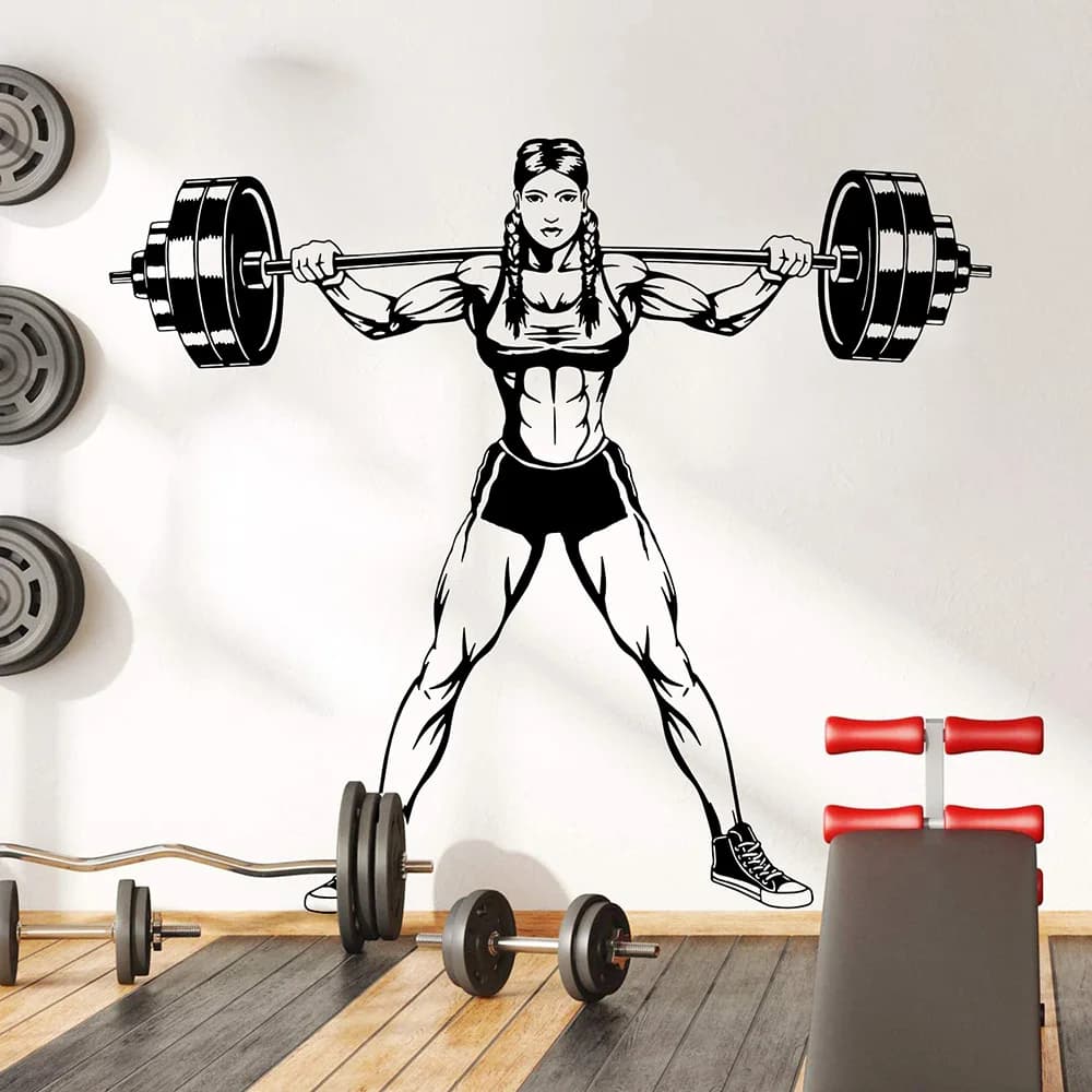 Large Gym Woman Dumbbells Wall Decal Bodybuilding Female Muscle Flex Fitness Workout Train Health Weight Wall Sticker