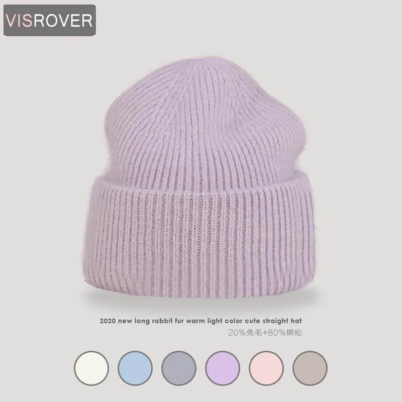 VISROVER 9 colori unisex tinta unita vera pelliccia di coniglio berretti cappello invernale per donna maglia cofano acrilico donna autunno caldo Skullies