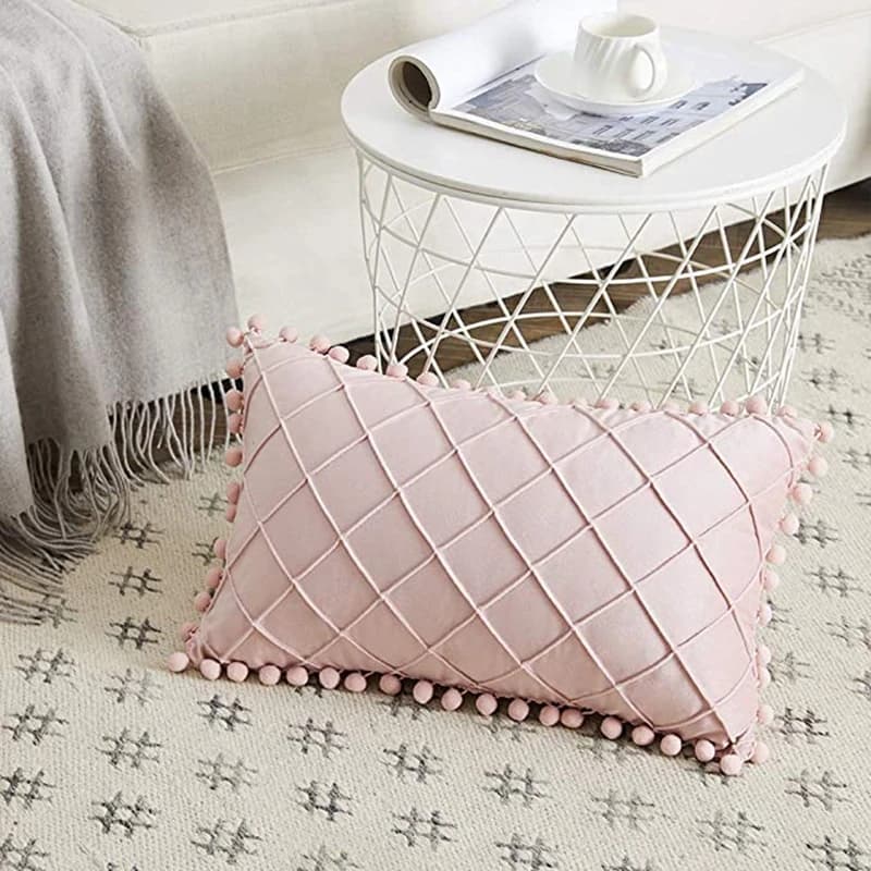 Fodere per cuscini decorativi Boho Inyahome con pon-pon morbido velluto Plaid lombare rosa federa per soggiorno/divano/letto