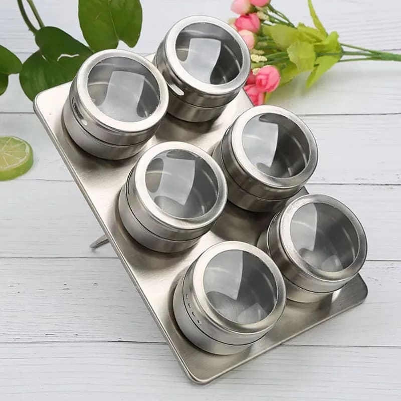 6 pezzi/set barattolo di latta per spezie magnetico con cremagliera contenitore per salsa di spezie in acciaio inossidabile vasetti con coperchio trasparente condimenti da cucina