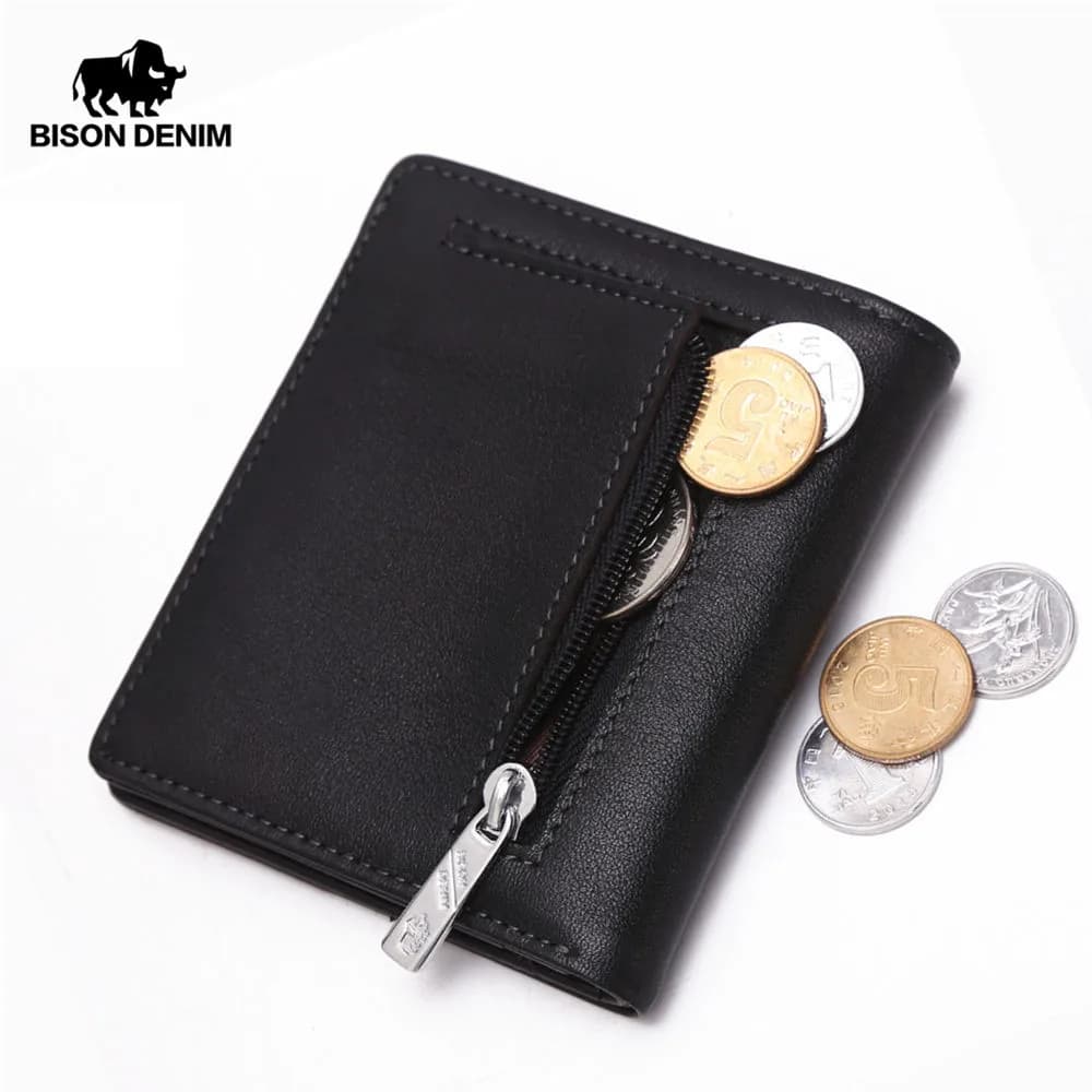 BISON DENIM Fashion Purse portafoglio da uomo in vera pelle RFID Blocking Mini portafoglio porta carte di credito maschile portamonete con cerniera piccola W9317