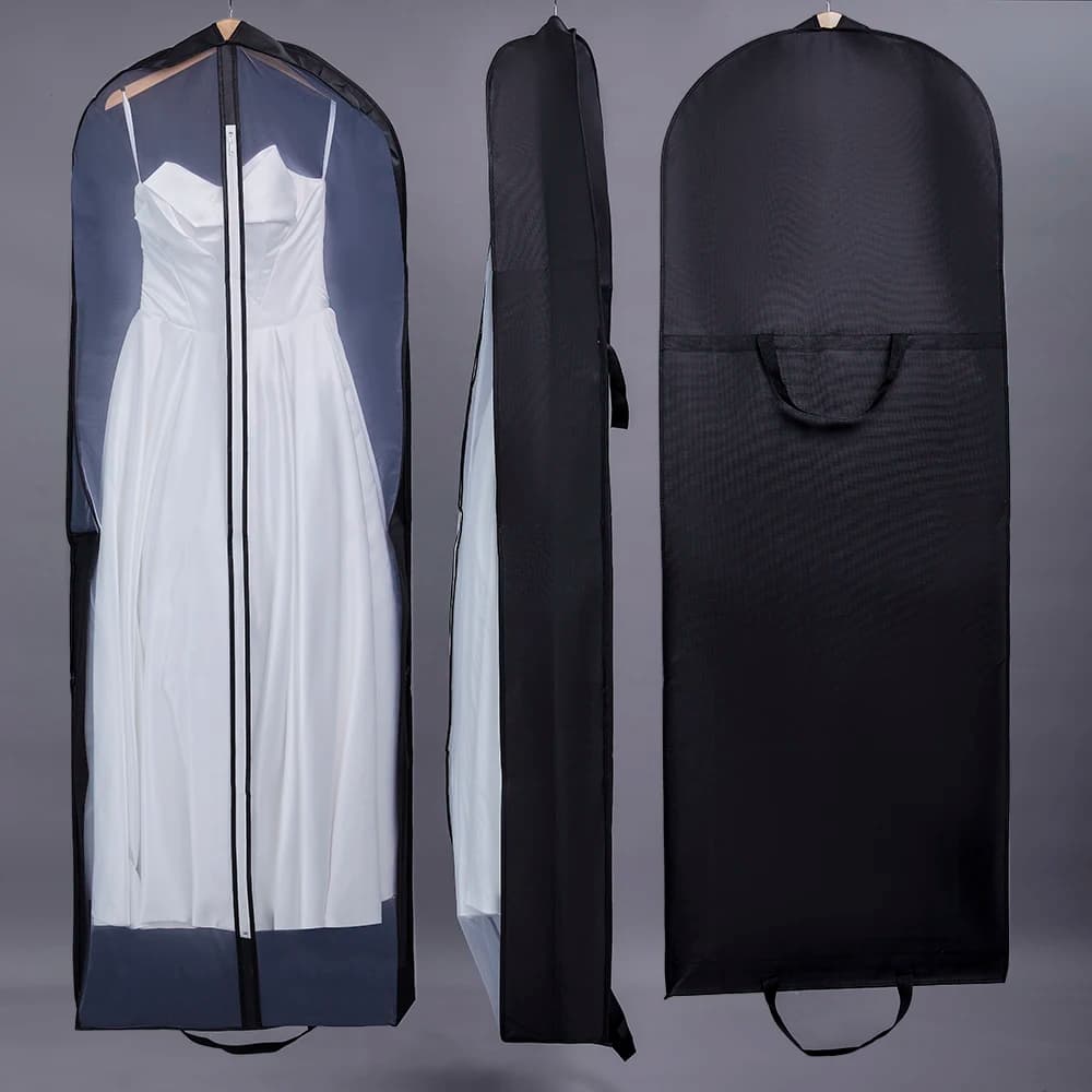 Black Wedding Dresses Garment Bag With Clear Pocket Resistant Material Large Size Dust Cover Storage Full Zipper Protector Cover