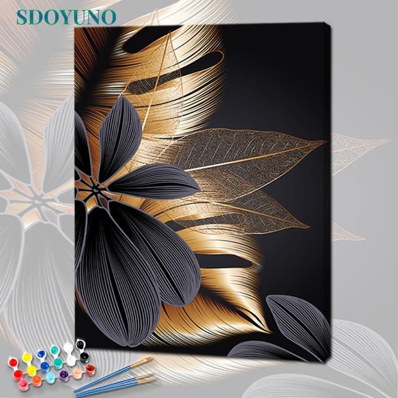 SDOYUNO 60x75cm Oil Painting By Numbers Black Golden Plant Leaf Paint By Numbers On Canvas Watercolor By Numbers Home Decor