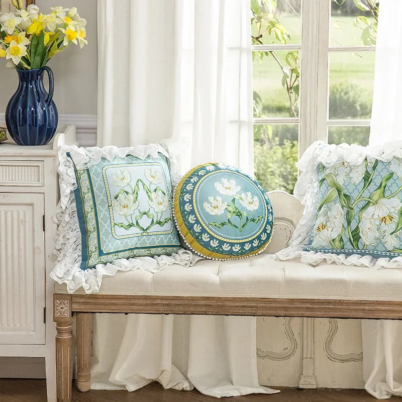 Pearl Cushion Cover with Lily Flowers Artwork, Square Accent Pillow Case, Blue and Green, Light Luxury Lace, 45x45cm