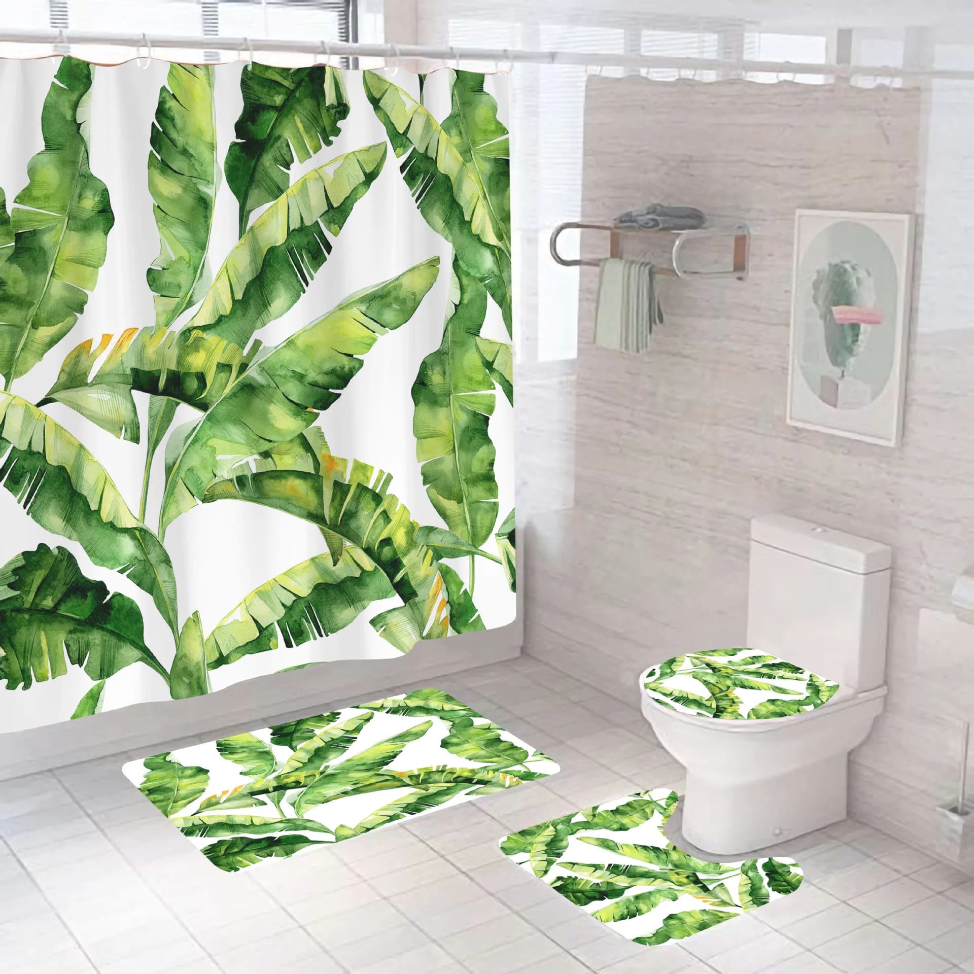 Set di tende da doccia con piante tropicali verdi Set da bagno Tenda da doccia in poliestere impermeabile Foglie Tende da bagno con stampa 3D Tappetino da bagno