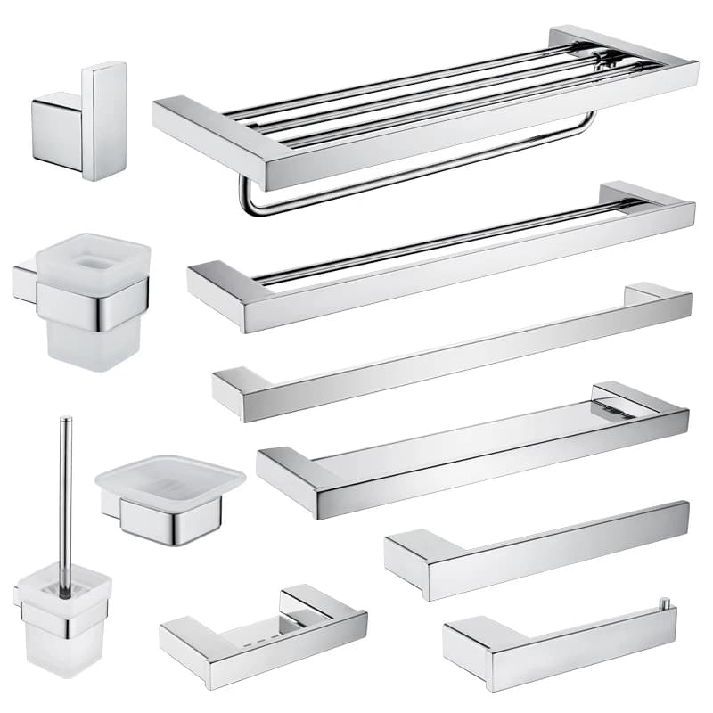 Accessori da bagno in acciaio inossidabile di alta qualità Mensola a muro Asciugamano Bar Rack Rail Scopino Holder Rotolo Carta Supporto Sapone Piatto Robe Ganci Appendiabiti Bagno Hardware Specchio Cromo Lucido