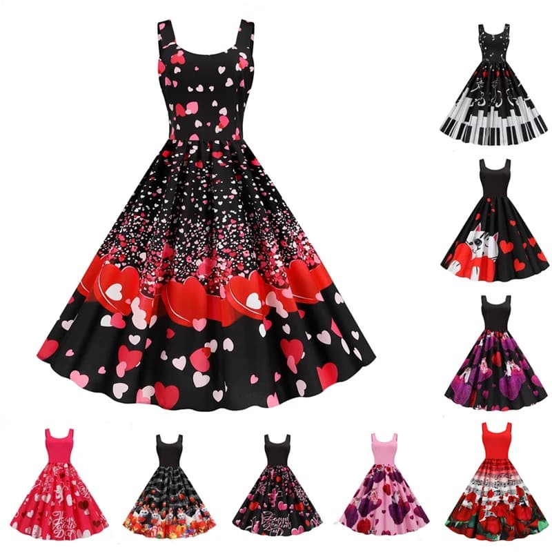 Sweet Heart Print Swing Vintage Women Summer Dress Sexy Halter Retro Rockabilly Valentine Party Dresses Vestido 2025 Robe A-Line