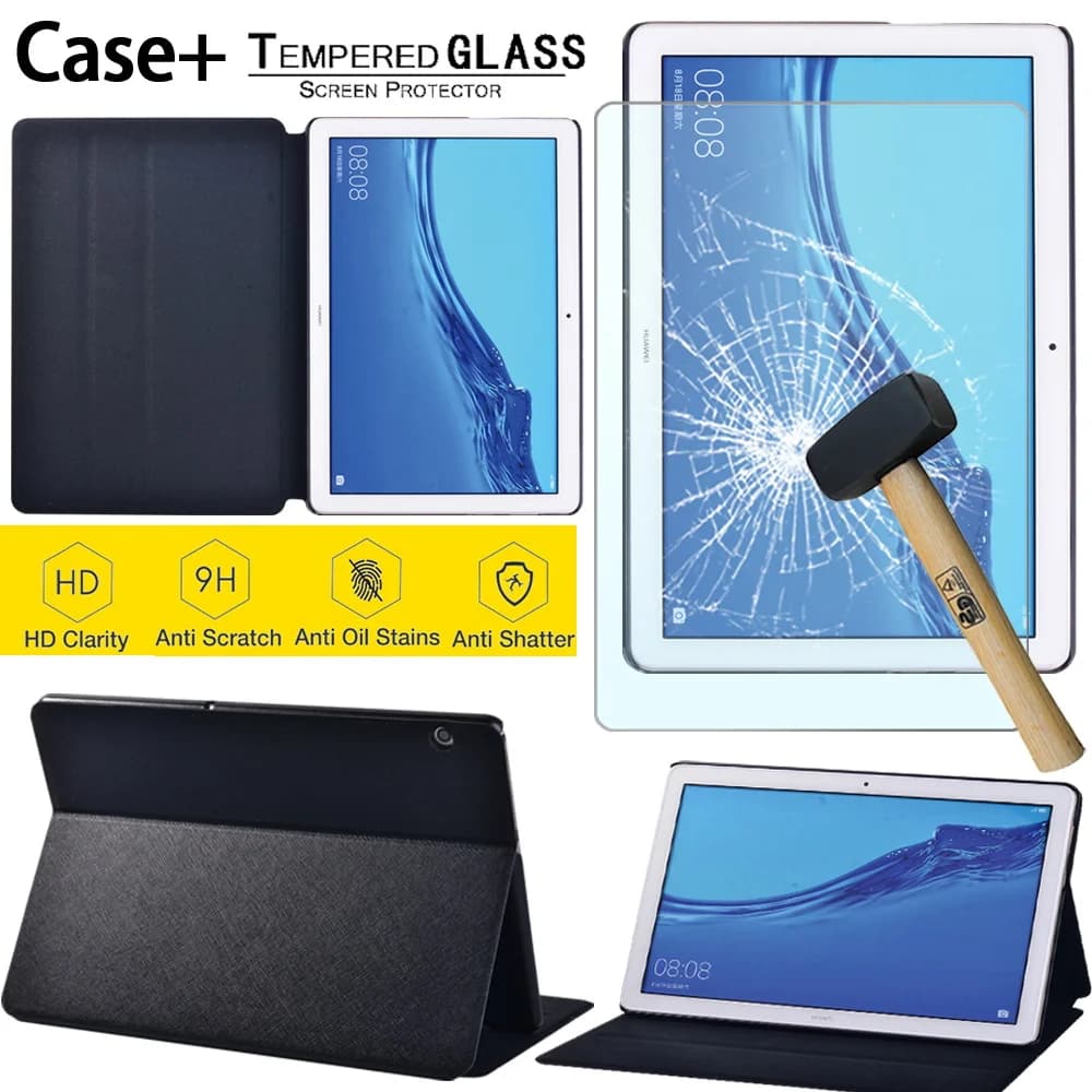 Tablet Case for Huawei MediaPad T5 10 10.1 Inch High Quality Flip Leather Stand Cover Case + Tablet Tempered Glass + Stylus