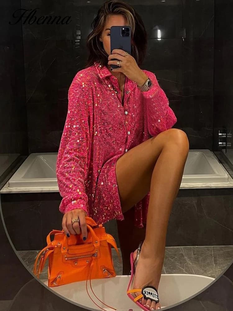 Hbenna Sparkly 3Pcs Women's Party Dresses blouse with sequins Top blouse and trousers women's dress Set luxury women's two piece