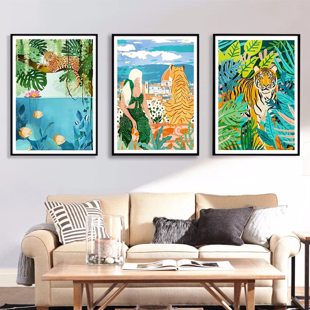 Italian view Jungle Tigre Art Poster and prints Abstract plants Fish Wall Art Painting on canvas Images Home Decor Frameless