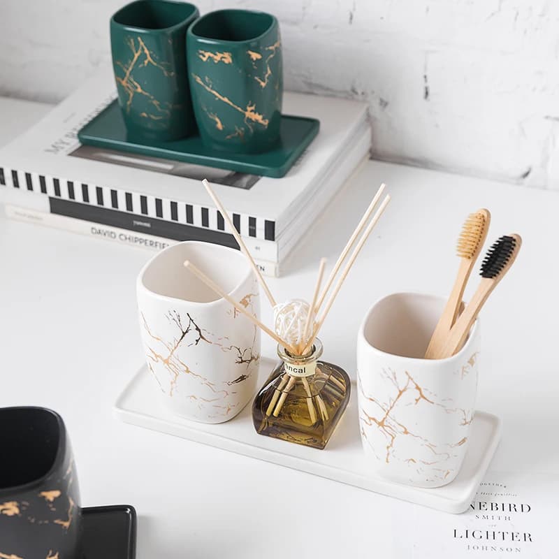 Set di Accessori per Arredamento Nordico, Portaspazzolino in Ceramica, Bicchiere per Collutorio, Porta Dentifricio, Bicchiere Bianco per Bagno