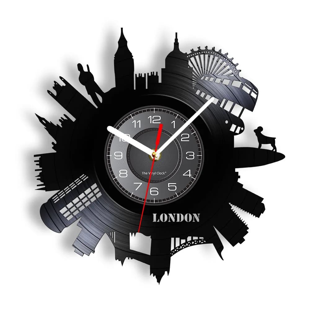 Orologio da Parete con Paesaggio Urbano di Londra e Canada, Arte Contemporanea in Vinile Laser, Decorazione per Soggiorno e Ufficio