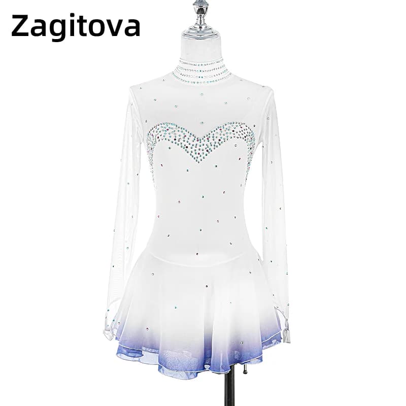 ZAGITOVA Abito da pattinaggio di figura sfumato bianco blu per donna Ragazza Gonna da pattinaggio di figura su ghiaccio Gonna a rete da competizione con strass