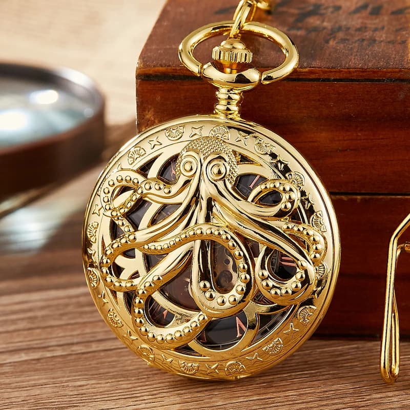 Orologio da tasca meccanico Octopus dorato Steampunk Skeleton Hand-wind Flip Clock Fob Watch con catena per uomo donna Collection