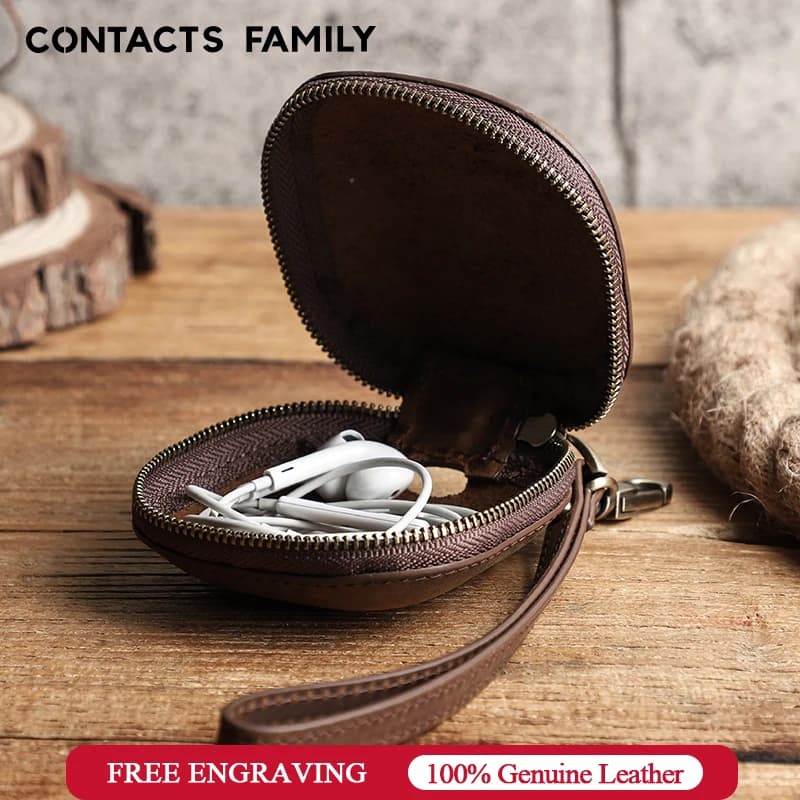 CONTACT'S FAMILY Borsa portaoggetti portatile per auricolari Custodia rigida per auricolari con cerniera in vera pelle Custodia protettiva per cavi USB