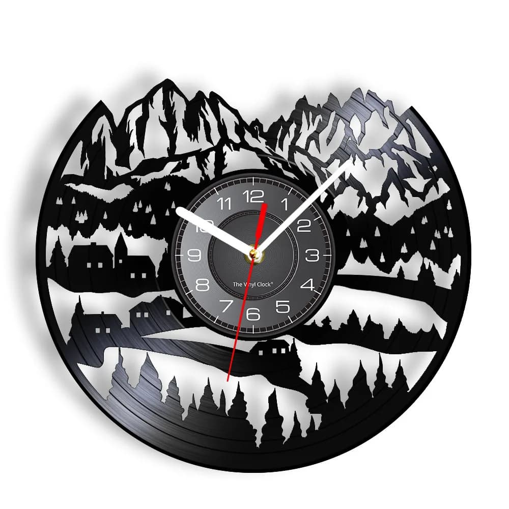 Wall clock with vinyl disc Snow Mountain Alps Mountain Modern wall clock for office home decoration Wall clock with Swiss landscape shadow