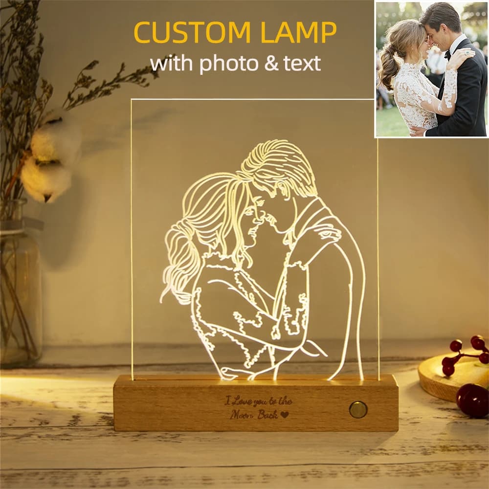 Lampada acrilica personalizzata Foto personalizzata Testo Luce notturna Lampada base in legno ricaricabile USB Matrimonio Festa della mamma Regalo per feste