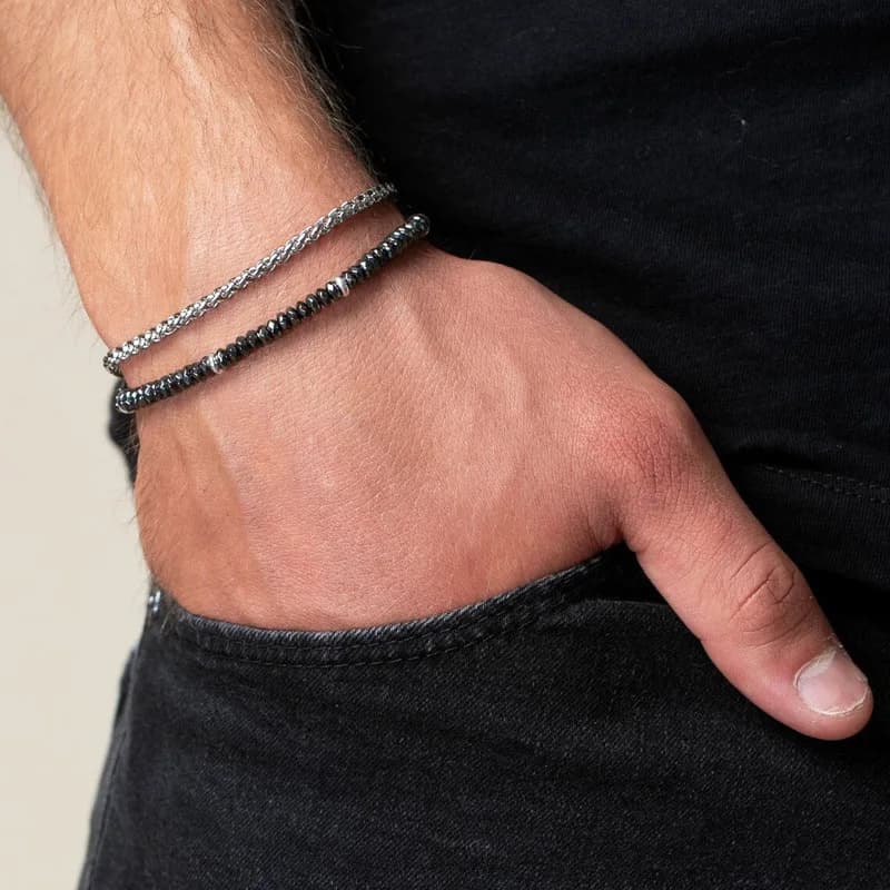 Men's Handmade Black Iron Stone Strand Bead Chain Bracelet Classic Simple Fashion Jewelry Gift