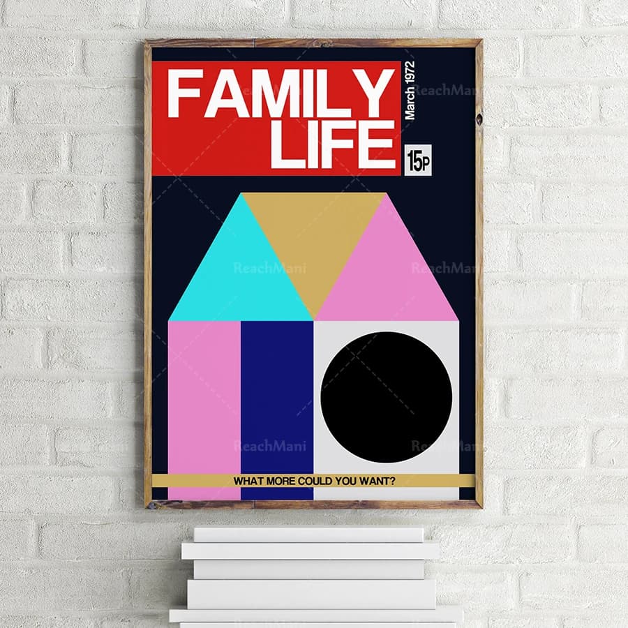 Family Life ART PRINT | retro typography art | Blue Pink White Black wall decor | Scandi poster gallery wall minimal artwork
