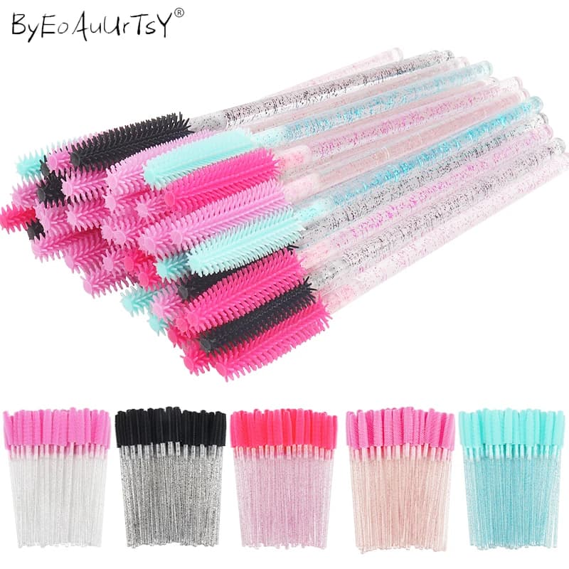 50 pcs Crystal Makeup Brush Diamond Handle Silicone Gel Eyebrow Brushes Eyelash comb Mascara Bacchetta Tools for Eyelash Extension